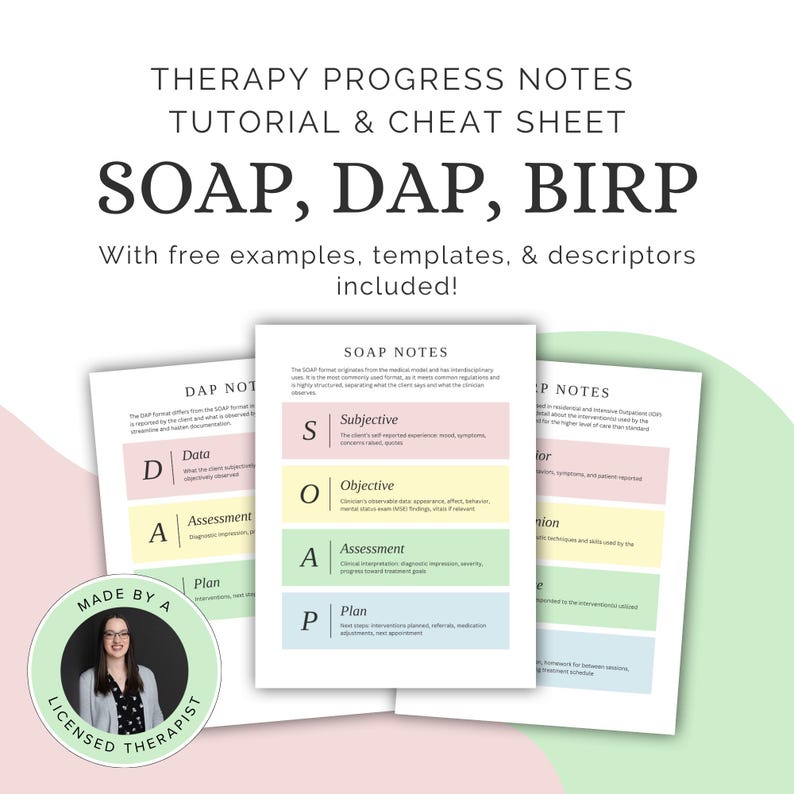 Therapy Progress Note Tutorial and Cheat Sheet: SOAP, DAP, BIRP Templates and Examples for Counselors Therapists Mental Health Professionals image 1