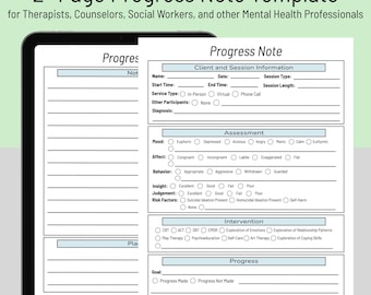 Modèle de notes d'évolution de la thérapie pour thérapeutes Travailleurs sociaux Professionnels de la santé mentale Deux pages