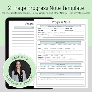 Therapy Progress Notes Template for Therapists Social Workers Mental Health Professionals Two Page