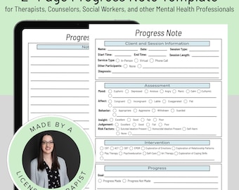 Therapy Progress Notes Template for Therapists Social Workers Mental Health Professionals Two Page