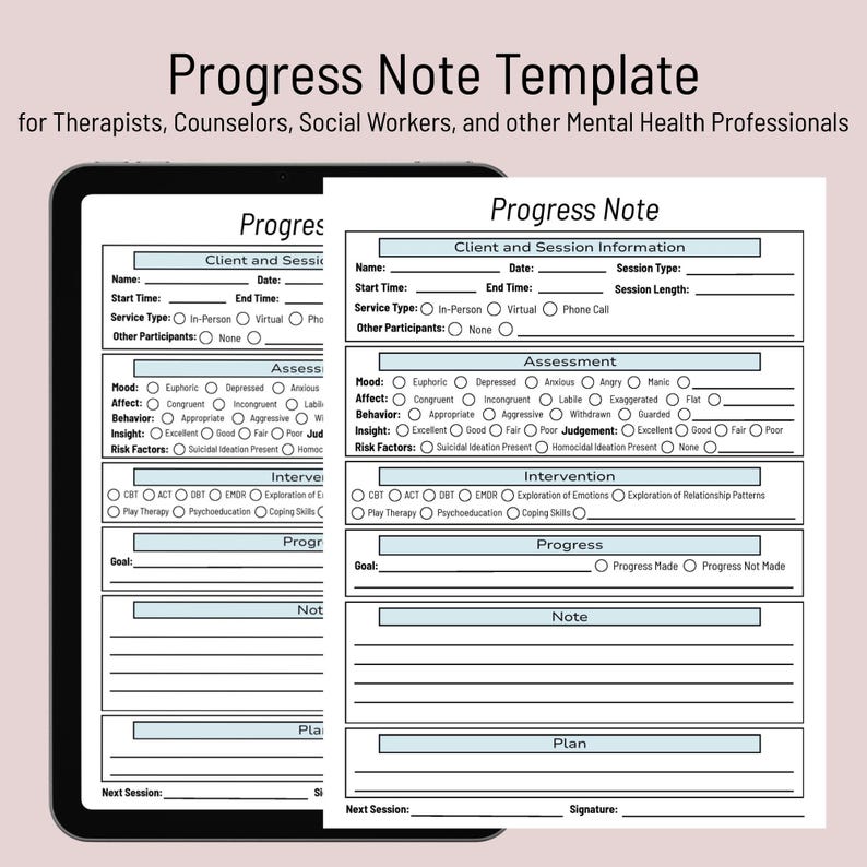 Therapy Progress Notes Template for Therapists Social Workers Mental ...
