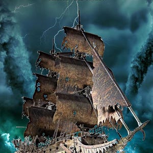 May include: A detailed illustration of the Flying Dutchman pirate ship sailing through a stormy sea. The ship has tattered sails and is surrounded by dark clouds and lightning. Text at the top reads "FLYING DUTCHMAN" and "PIRATE SHIP SERIES".