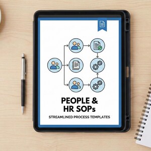 May include: A tablet displays a diagram labeled "PEOPLE & HR SOPs" with streamlined process templates. A notepad with "STANDARD OPERATING PROCEDURES" is next to the tablet. A pen and a cup of coffee are also on the wooden surface.