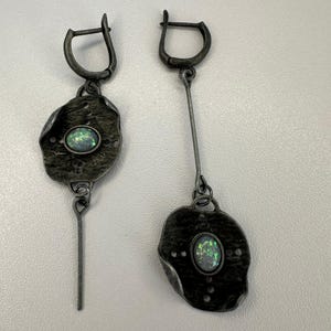 Asymmetrical Opal Earrings, Oxidized Silver Tone, Boho Dangle Jewelry