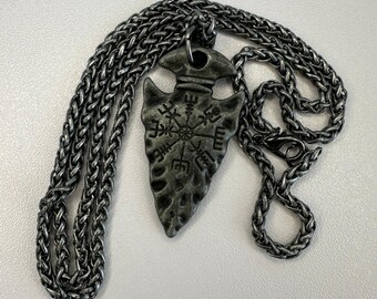 Viking Vegvisir Necklace, Antique Silver Tone Arrowhead Pendant