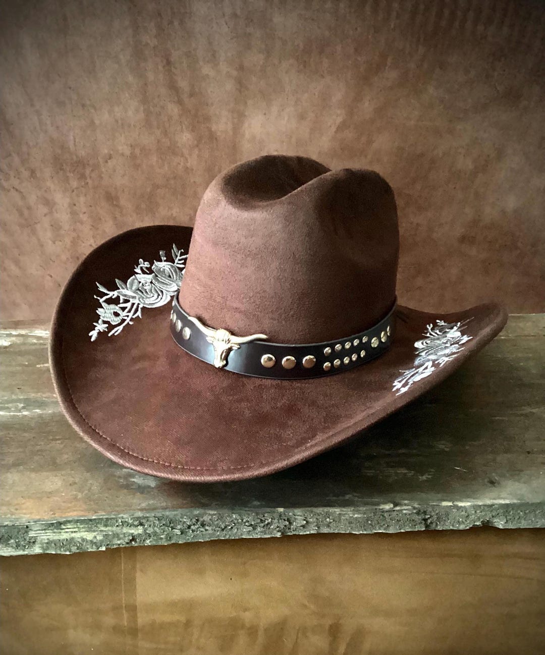 Vegan Suede Cowboy Hat With Rustic Bull Head Studded Strap Vintage ...