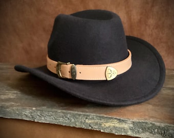 Black felt look cowboy hat with Stunning Real Leather head strap Vintage Cowboy Western Cowgirl Rodeo Style