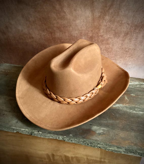 Vegan Suede Cowboy Hat. Braided Strap Cowboy Western Cowgirl 