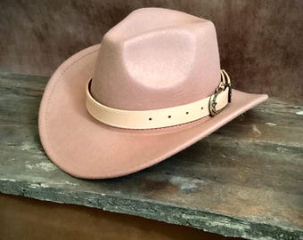 Felt look cowboy hat with Stunning Real Leather head strap Vintage Cowboy Western Cowgirl Rodeo Style