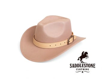 Felt look cowboy hat with Stunning Real Leather head strap Vintage Cowboy Western Cowgirl Rodeo Style