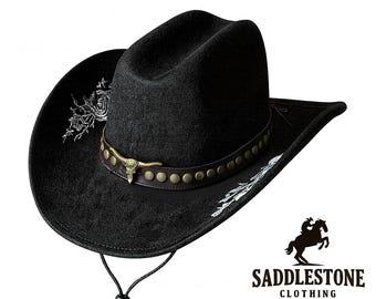 Vegan Suede cowboy hat with rustic bull head studded strap Vintage Cowboy Western Cowgirl Rodeo Style