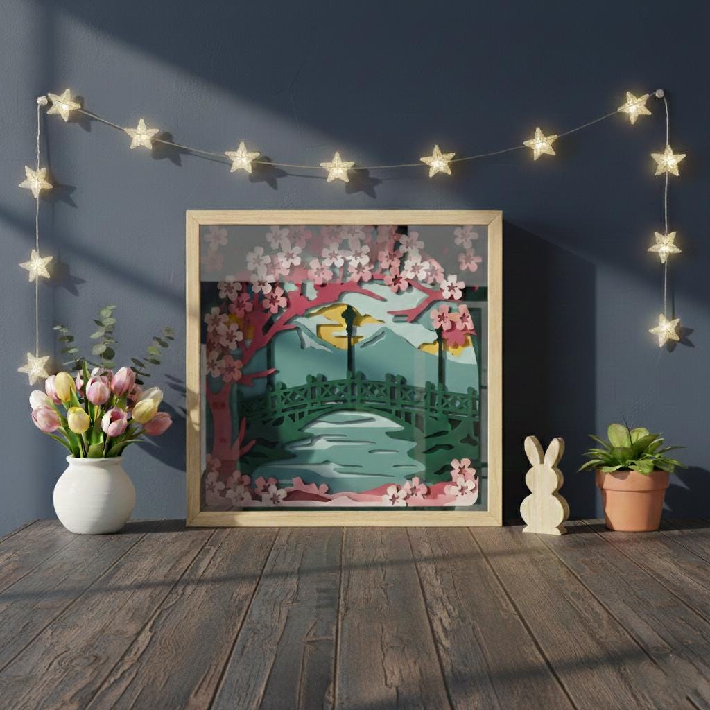 Cherry Blossom Bridge Shadow Box SVG, 3D Layered Spring Landscape ...