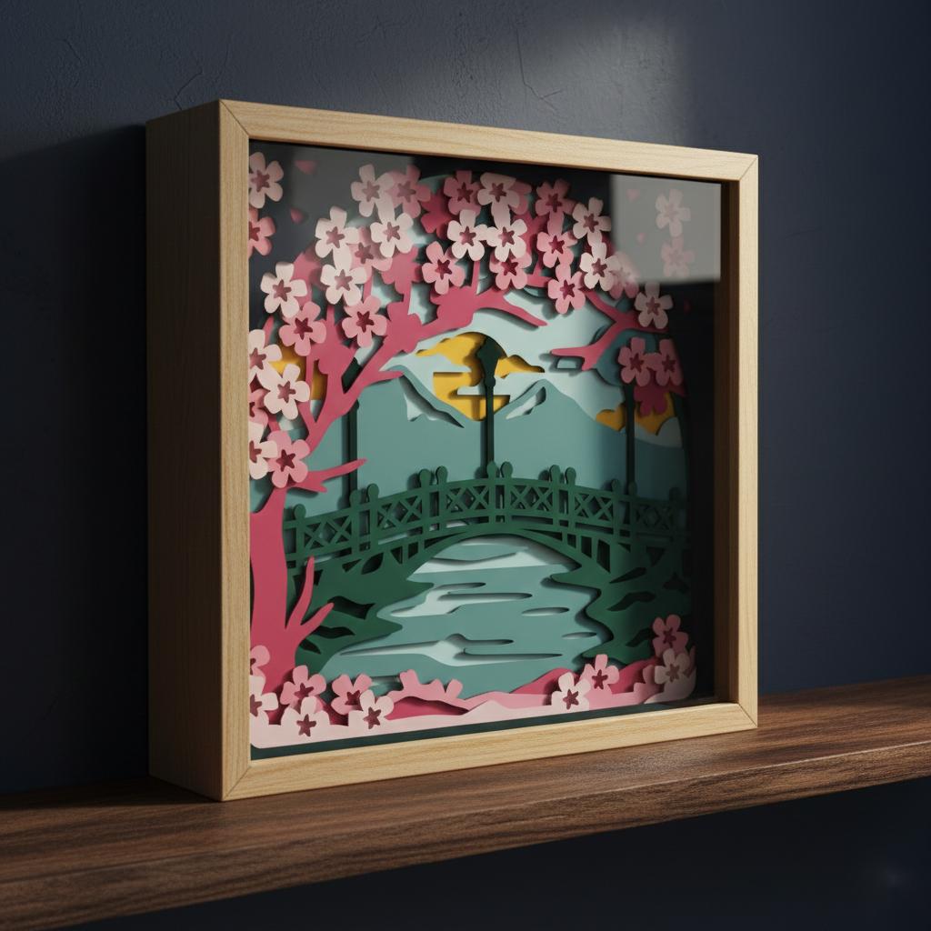 Cherry Blossom Bridge Shadow Box SVG, 3D Layered Spring Landscape ...