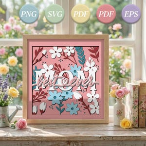 May include: A framed artwork with a pink background and the words "MOM Best Ever" in white. The design includes white and blue flowers, and red and green leaves. The frame is light brown, and the image has PNG, SVG, PDF, and EPS file type icons.