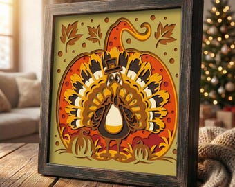 Thanksgiving Turkey Shadow Box SVG, Pumpkin 3D Layered Lightbox, Fall Harvest Paper Cut Template, Autumn Decor for Cricut and Silhouette
