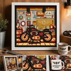 May include: A framed, layered paper art piece depicting a motorcycle in a garage setting. The artwork features a red and black motorcycle, tools, and a clock. A white mug with the text "Motorcycles & Fixes" is also visible.