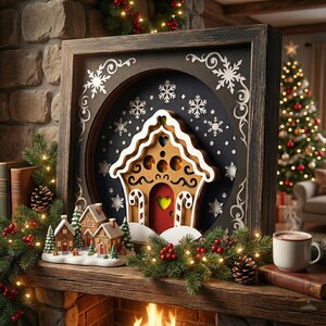 Puede incluir: Un cuadro navideño enmarcado con una casa de jengibre, puerta roja y ventana en forma de corazón. El marco está decorado con copos de nieve y se encuentra sobre una repisa con vegetación festiva, luces y un pueblo en miniatura.