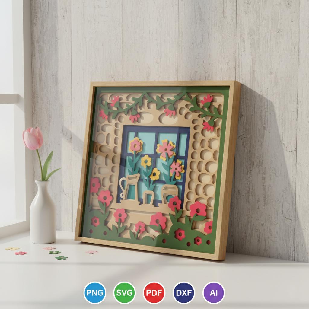 3D Floral Window Shadow Box SVG, Layered Flower Paper Cut File, 3D ...