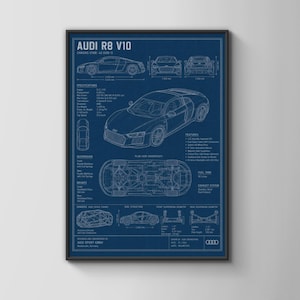 May include: A blue technical blueprint poster of an Audi R8 V10, featuring white line drawings of the car from side, rear, and top perspectives. The print includes detailed specifications, chassis diagrams, and suspension geometry in English text.