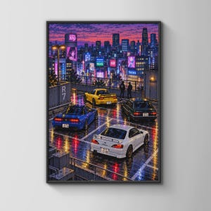 May include: A framed digital art print depicting a rainy rooftop parking lot at night with four sports cars in yellow, blue, white, and dark green. The background features a vibrant, glowing Japanese city skyline with neon signs and purple clouds.
