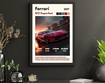 May include: A framed poster featuring a red Ferrari 812 Superfast car. The poster includes the car's name, year, and performance specifications: engine, power, 0-60 mph time, and top speed. The background shows a blurred cityscape.