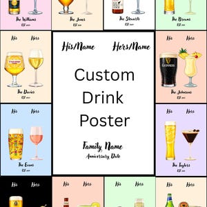 Puede incluir: Un póster de bebidas personalizado con ilustraciones de cerveza, cócteles y vino. El póster incluye espacio para nombres y una fecha, con una variedad de ilustraciones de bebidas y fondos coloridos.