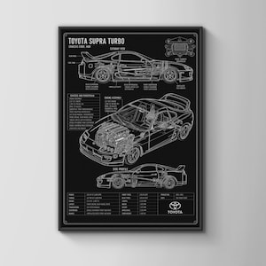May include: A black poster featuring white technical line drawings of a Toyota Supra Turbo. The print displays side and perspective views of the car, engine assembly details, chassis specifications, and the Toyota logo in the bottom right corner.
