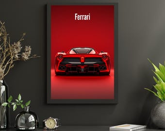 May include: Framed print featuring a red Ferrari sports car, viewed from the rear. The car is set against a solid red background, with the word "Ferrari" in white at the top. The image is in a black frame.