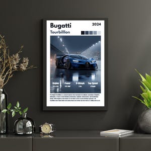 Op de afbeelding: Een ingelijste poster met een blauwe Bugatti Tourbillon auto. De poster bevat informatie over de motor, het vermogen, de 0-100 km/u tijd en de topsnelheid. De tekst "Bugatti Tourbillon 2024" staat bovenaan de poster.