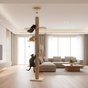 Vom Boden bis zur Decke reichender Katzenkratzbaum | Moderner Katzenkratzbaum aus Holz mit Acrylkapsel | Hohes, höhenverstellbares Katzenmöbel