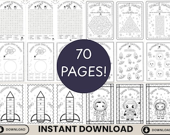 May include: Black and white printable activity pages for kids. Includes word searches, mazes, coloring pages, and more. Features space-themed illustrations and the text "70 PAGES!" and "INSTANT DOWNLOAD".
