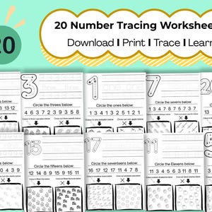 May include: A collection of 20 number tracing worksheets for early education. Each worksheet includes a number to trace, plus activities such as circling numbers and counting objects. The worksheets are designed for download, print, and learning.