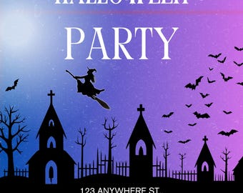 May include: Halloween party invitation with a purple and blue gradient background. The text reads "Gathering All Monsters For Our Halloween Party." Silhouettes of bats, a witch on a broom, and spooky buildings are featured.