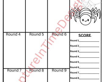 Puede incluir: Tablero de juego en blanco y negro titulado "SPIDER DRIVE!" con ilustraciones de dados y un gráfico de araña. El tablero incluye espacios para rondas, seguimiento de puntuación y el texto "THROWS: 6.BODY 5.HEAD 4.LEG 3.EYE 2.MOUTH 1.WEB".