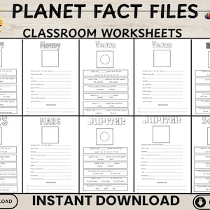 May include: Printable black and white worksheets labelled "PLANET FACT FILES" and "CLASSROOM WORKSHEETS". Each sheet has a planet name and fill-in-the-blank questions. Includes a telescope illustration and planet graphics.
