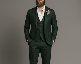Traje de hombre verde de 3 piezas – Esmoquin formal de boda de corte ajustado, TR Viscosa de ajuste personalizado