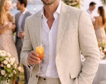 Men's Beige Linen Suit: Two-Piece Wedding Groomsmen Formal Beach Set