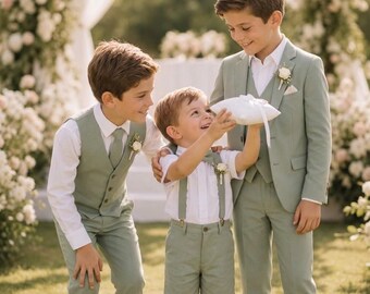Sage Green  3-Piece TR Viscose Suit for Kids: Formal Wedding Outfit