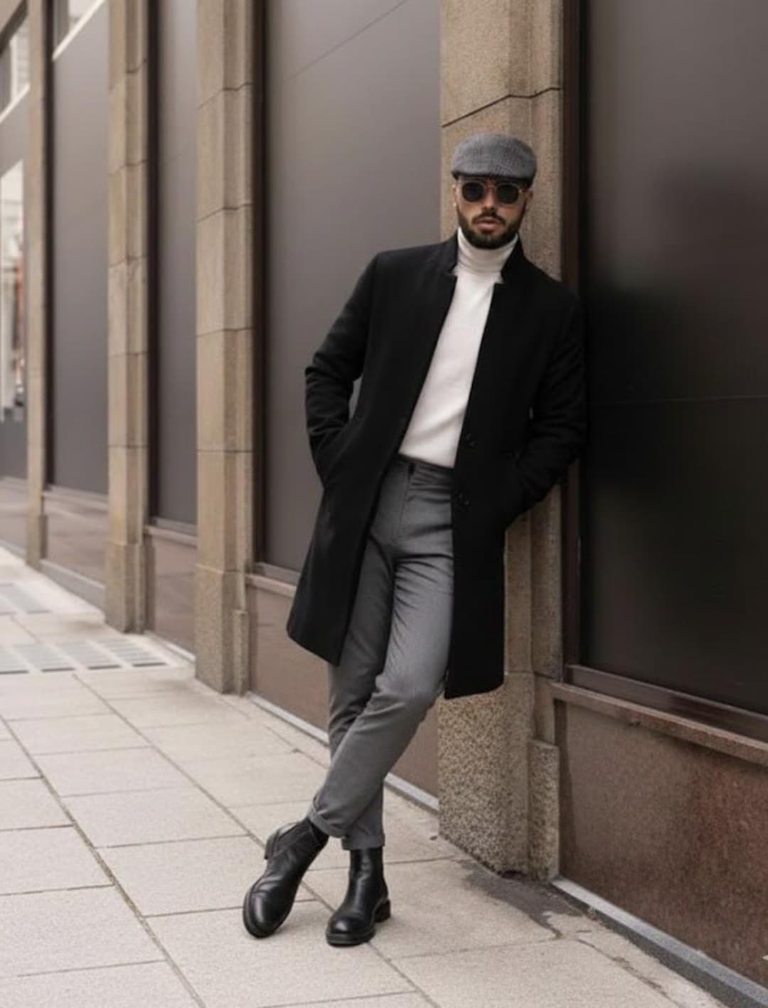Men's Wool Melton Overcoat: Knee Length Trench Coat Long Black