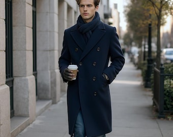 Men's Wool Overcoat: Navy Blue Melton Knee Length Peak Lapel Long
