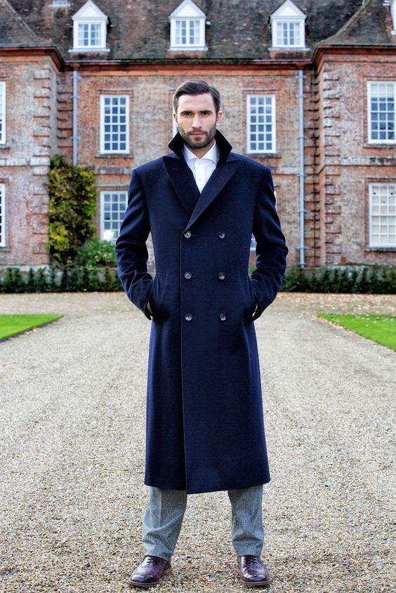 Men's Wool Overcoat: Navy Blue Melton Knee Length Peak Lapel