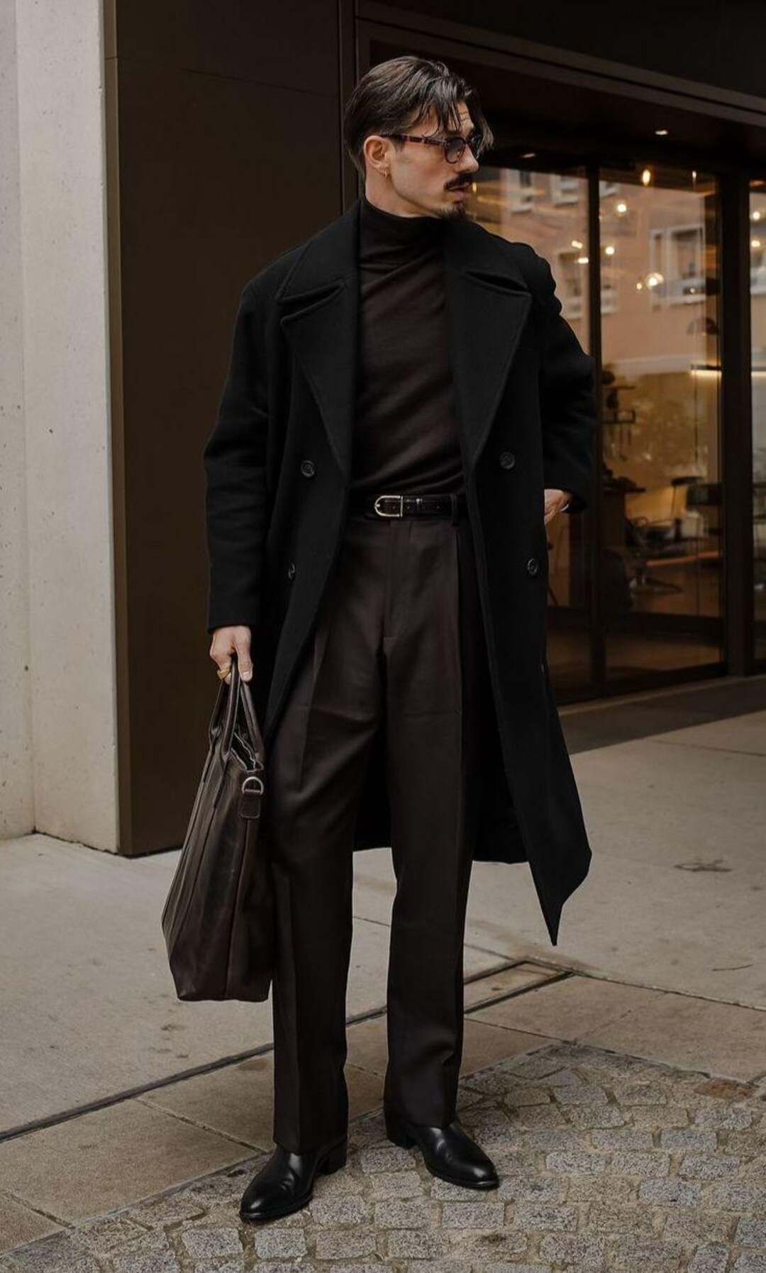 Men's Wool Melton Overcoat: Knee Length Peak Lapel - Black, Navy