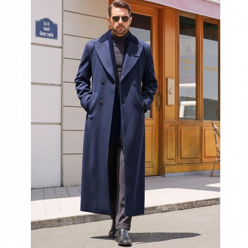 Men's Wool Overcoat: Navy Blue Melton Knee Length Peak Lapel Long