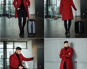 Men's Red Wool Overcoat: Melton Wool, Peak Lapel, Knee Length - Etsy