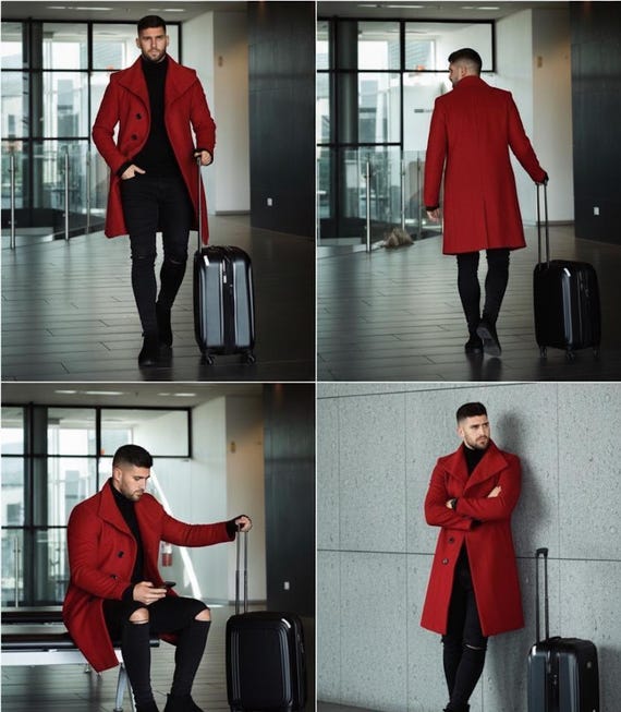Men's Red Wool Overcoat: Melton Wool, Peak Lapel, Knee Length - Etsy