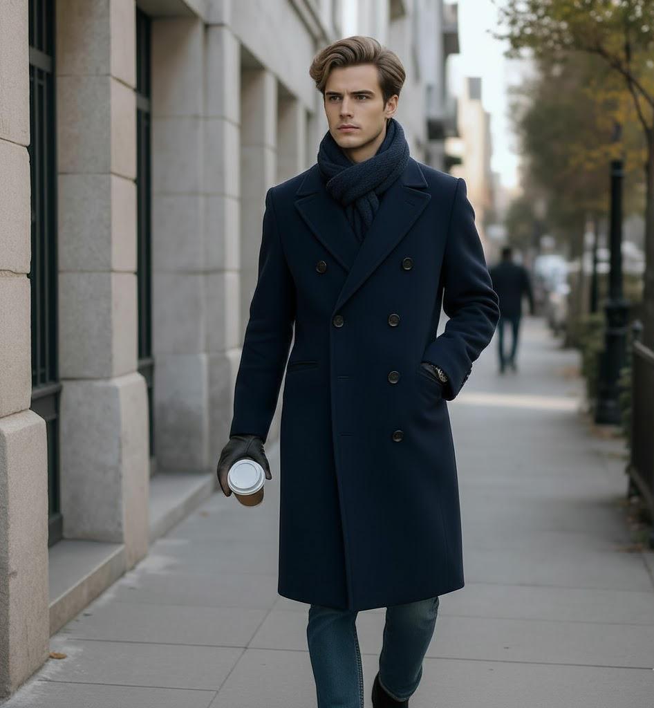 Men's Wool Overcoat: Navy Blue Melton Knee Length Peak Lapel Long