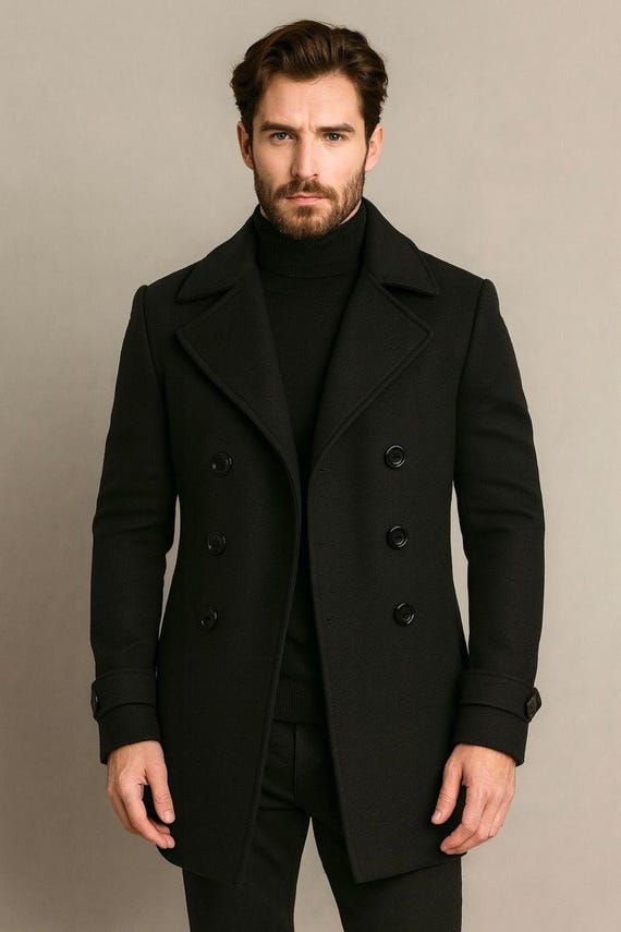 Men's Wool Melton Overcoat: Knee Length Trench Coat Long Black