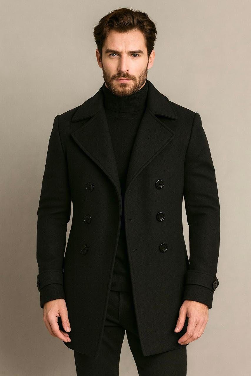 Men's Wool Melton Overcoat: Knee Length Trench Coat Long Black