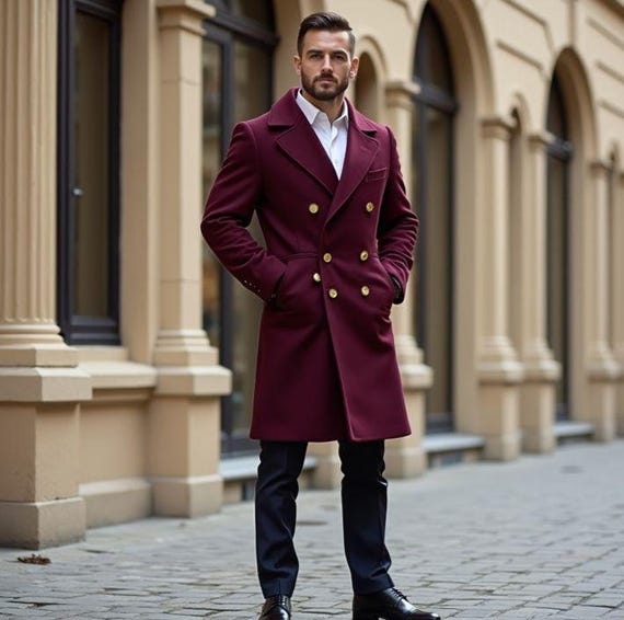 Men's Maroon Melton Wool Overcoat: Knee Length Trench Coat - Etsy