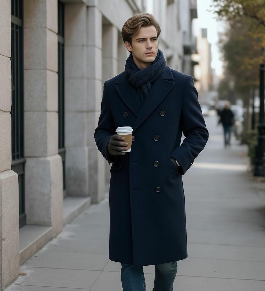 Men's Wool Overcoat: Navy Blue Melton Knee Length Peak Lapel Long